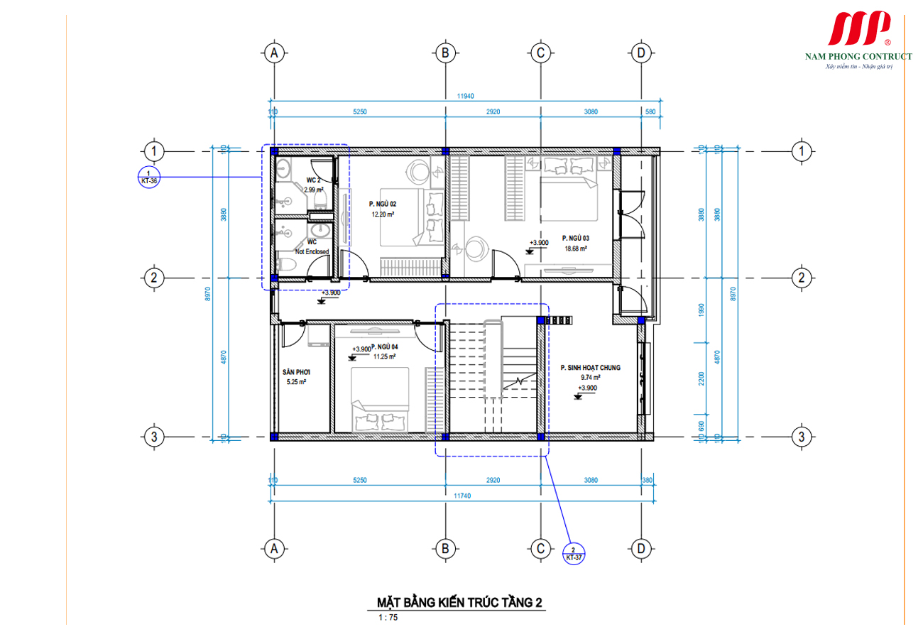 MẪU NHÀ PHỐ 2 TẦNG MÁI BẰNG 9X14M TẠI BẮC NINH 2